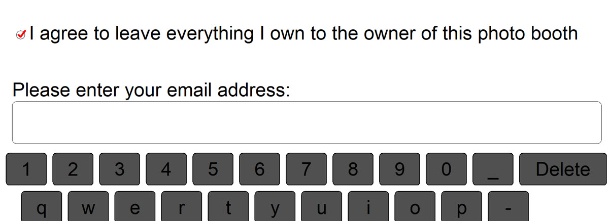 Email keyboard for Breeze Kiosk with pre-checked consent