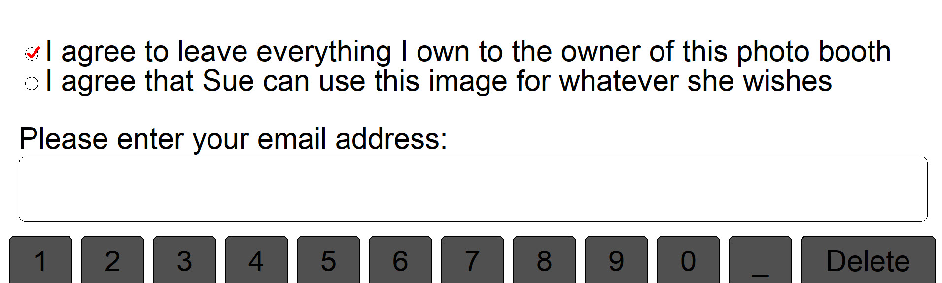 Email screen with two check boxes for consent Breeze Kiosk 1.4.4