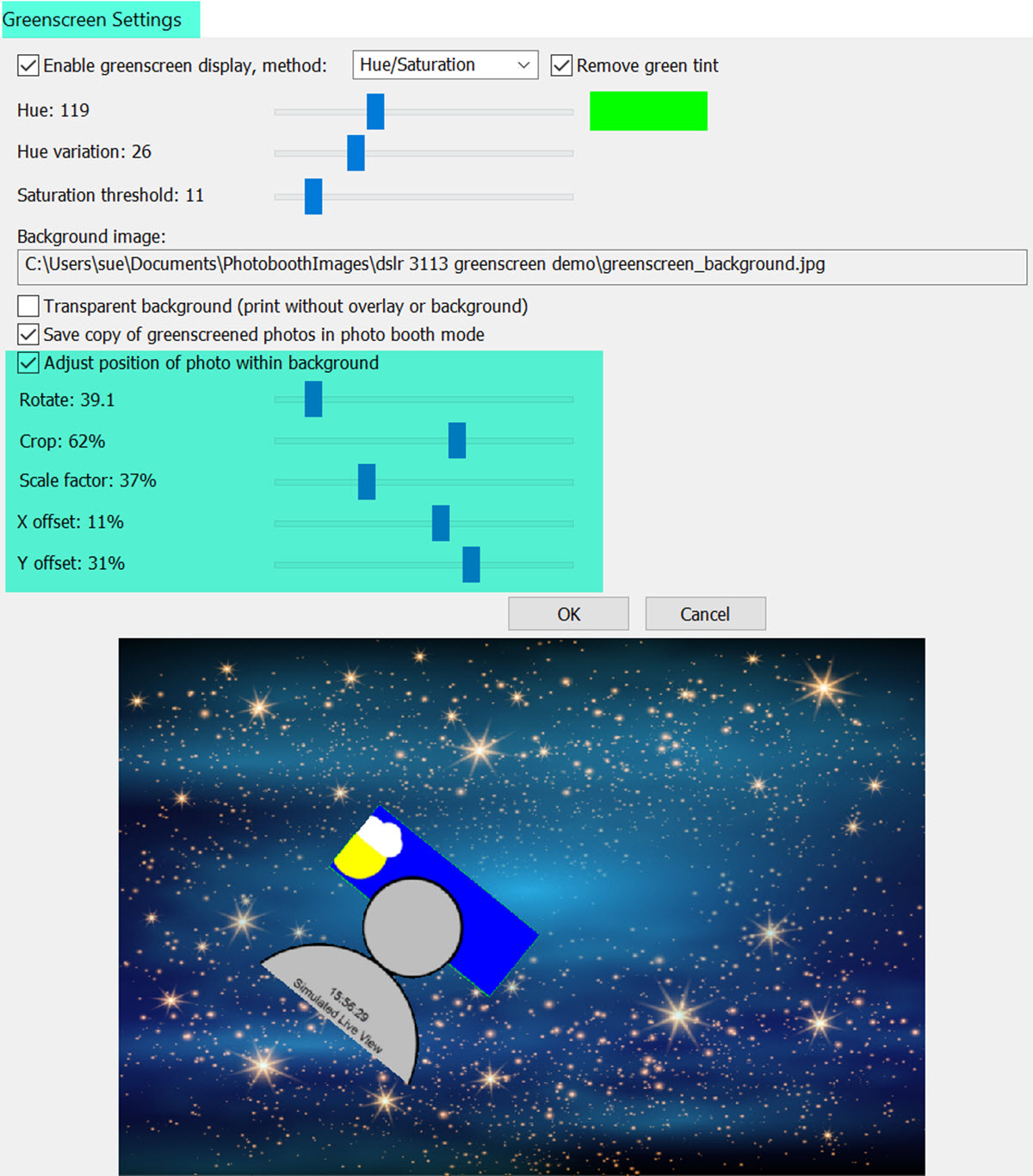 DSLR Remote Pro Greenscreen settings window (3.11.3)
