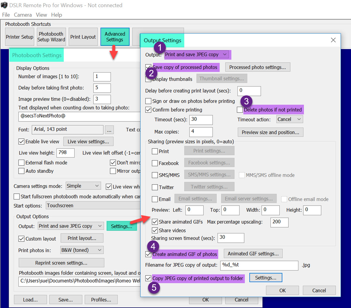 Breeze DSLR Remote Pro 3.11.3 Output Settings screen