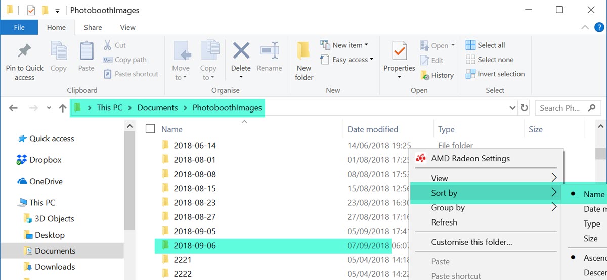 Shows part of PhotoBooth Images folder with dated subfolders of images