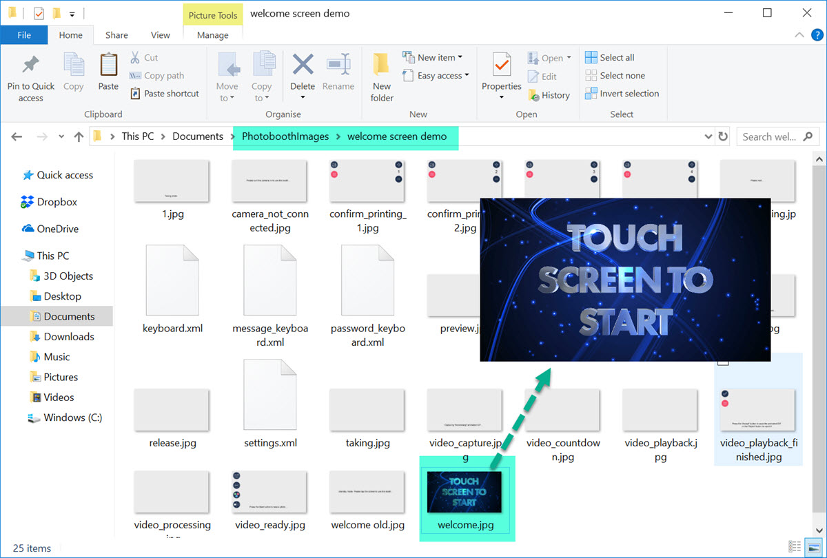 Shows PhotoBoothImages folder with custom welcome.jpg in DSLR Remote Pro 3.11.4