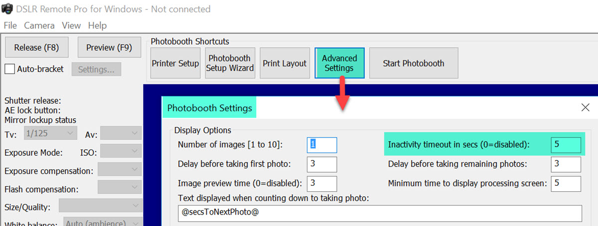 Shows how to set the inactivity time in DSLR Remote Pro 3.11.4
