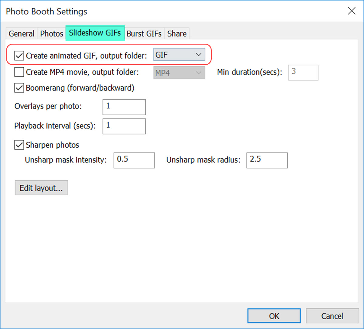 Breeze Booth Event Editor Photo Booth Settings Slideshow GIFs tab