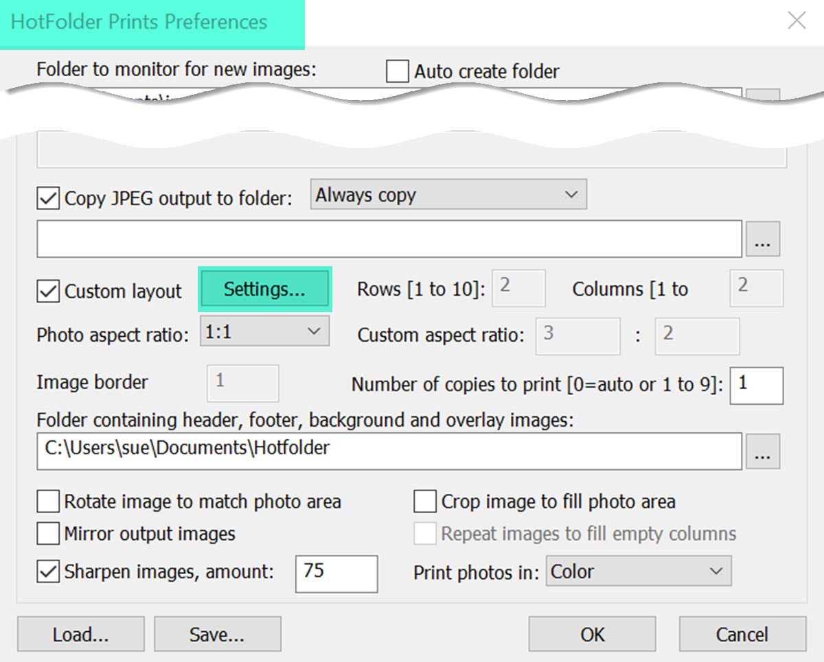 Shows Preferences screen in Breeze Hotfolder 1.8, with button linking to Print Layout Editor highlighted