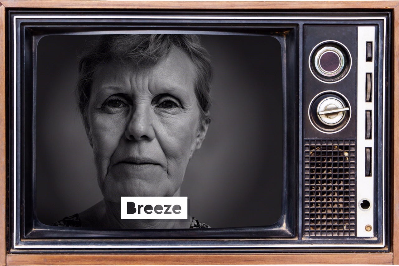 Aged image of woman's face on retro TV screen from AI Photo Booth with Ageing effect (Breeze Booth for iPad)